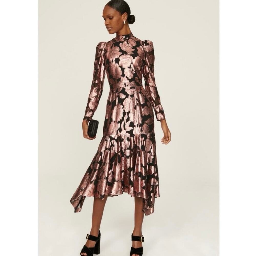 YUMI KIM Metallic Floral Princess Sleeve Flowy Hemline Long Dress Size XS - Picture 4 of 10